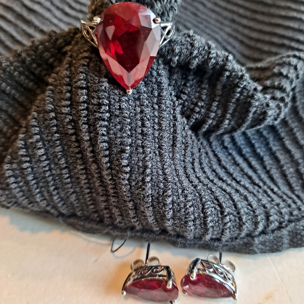 Lab Created Ruby Size 10 Ring And Earrings - image 1